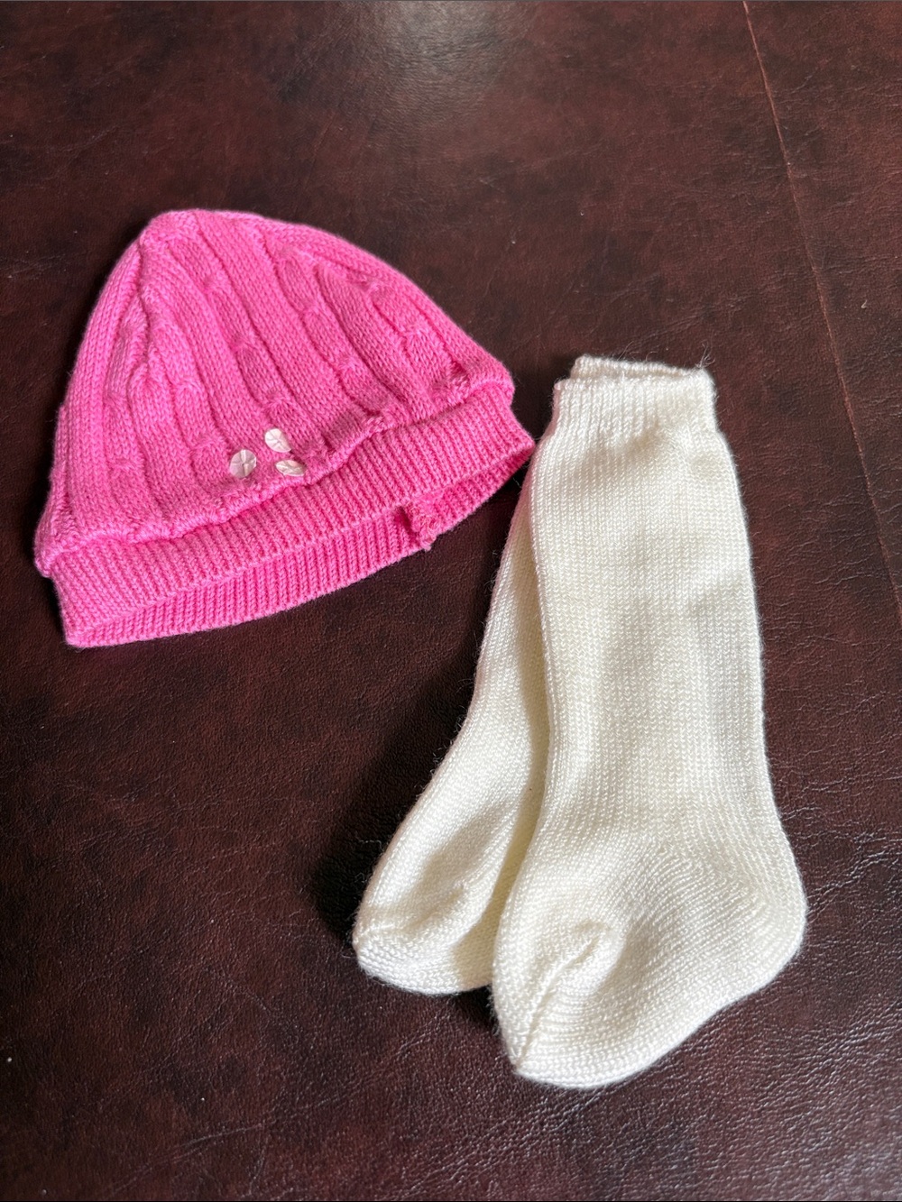 American Girl Bright Pink Cable Knit Beanie with Cream Socks